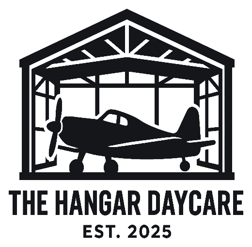 The Hangar Daycare logo: a hangar with a propeller plane inside, above the words The Hangar Daycare, Est. 2025